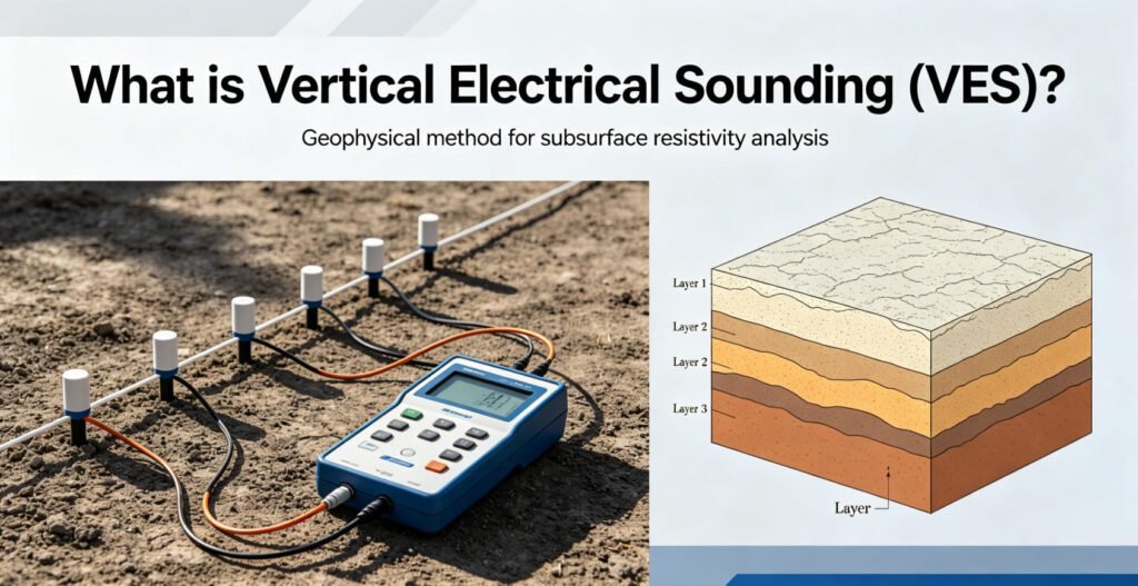 Vertical Electrical Sounding (VES) geophysical method: Field setup with resistivity meter & electrodes for subsurface resistivity analysis, plus layered earth model illustrating underground layer structure.