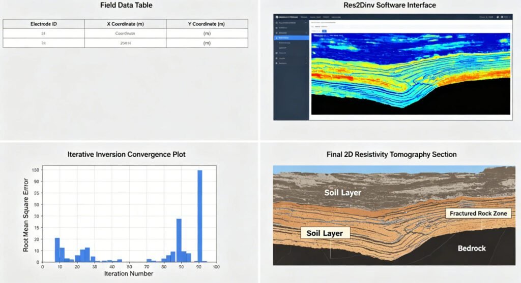 ERT data processing workflow showing multi-electrode field acquisition, Res2Dinv inversion software interface, and final 2D resistivity pseudosection with geological interpretation