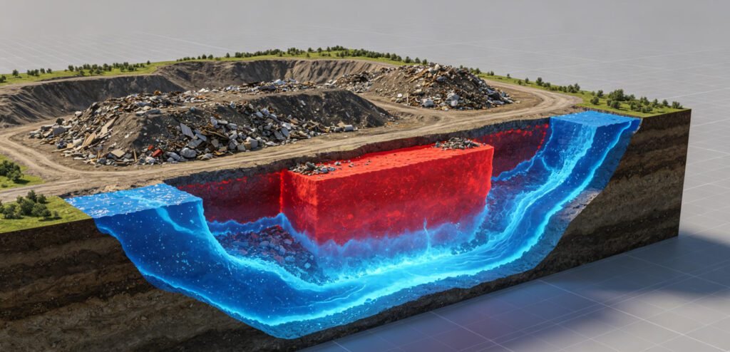 ERT and TDIP application in landfill monitoring showing 3D resistivity volume with low resistivity leachate plume and high chargeability waste body zones