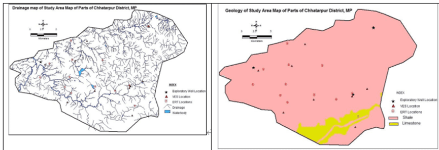 Drainage and geological map showing the location of geophysical surveys and exploratory borehole.