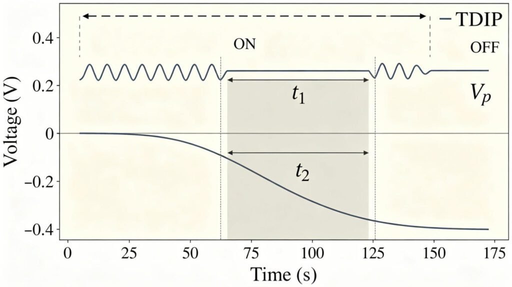 TDIP time-domain induced polarization decay curve diagram showing primary voltage Vp during current ON and secondary voltage decay during OFF-time with chargeability integration window