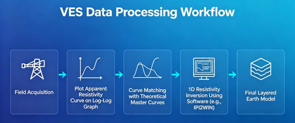 VES data processing workflow showing field acquisition curve plotting curve matching and 1D resistivity inversion using IPI2WIN software