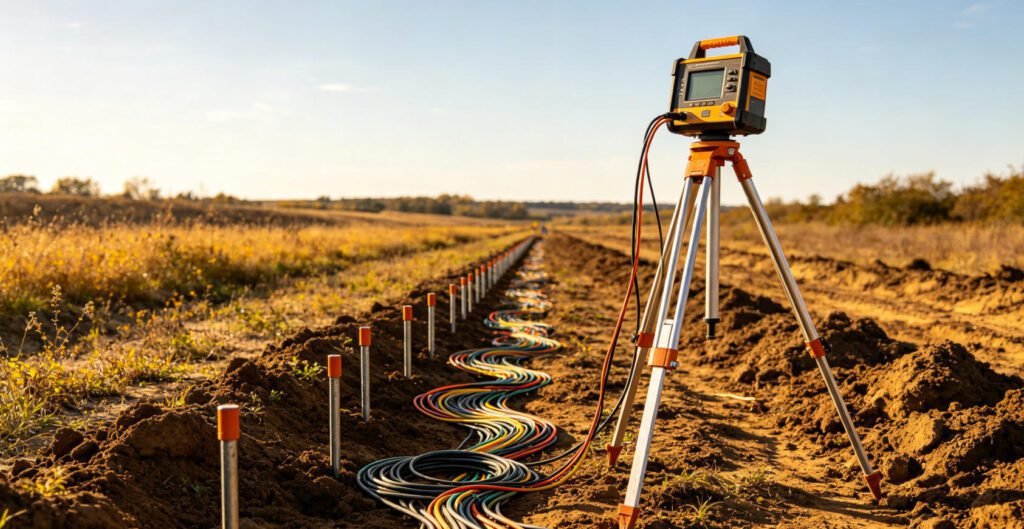 Geophysical field crew conducting vertical electrical sounding VES survey for groundwater exploration using resistivity meter and electrode array