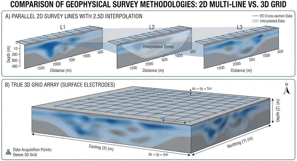 Diagram comparing 2D parallel line resistivity imaging vs 3D grid electrode array deployment for spatial subsurface mapping