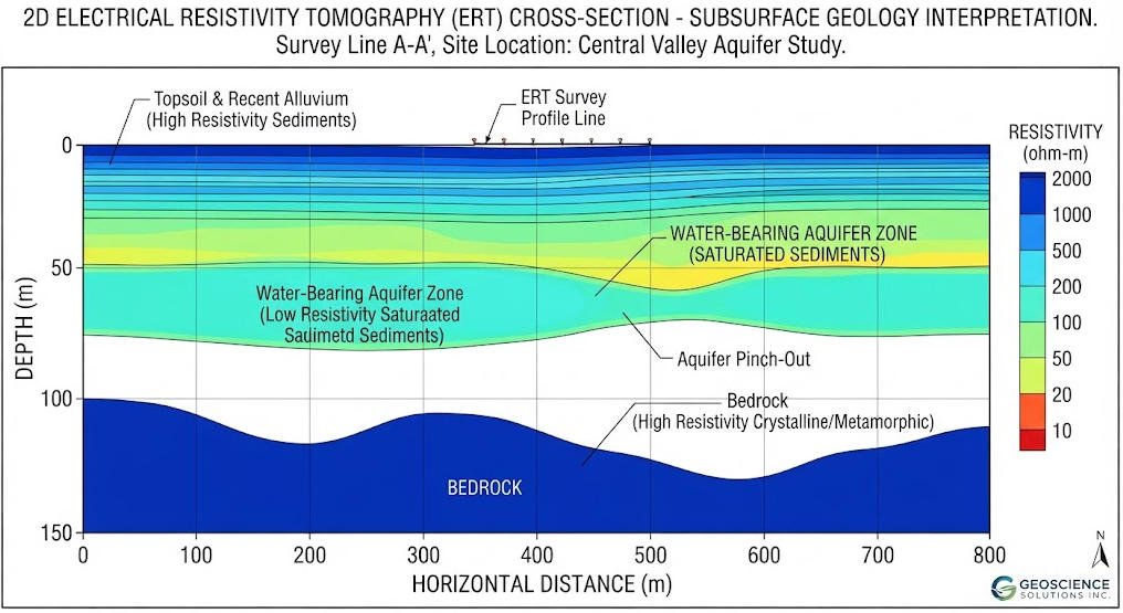 2D electrical resistivity tomography cross-section showing subsurface layer boundaries