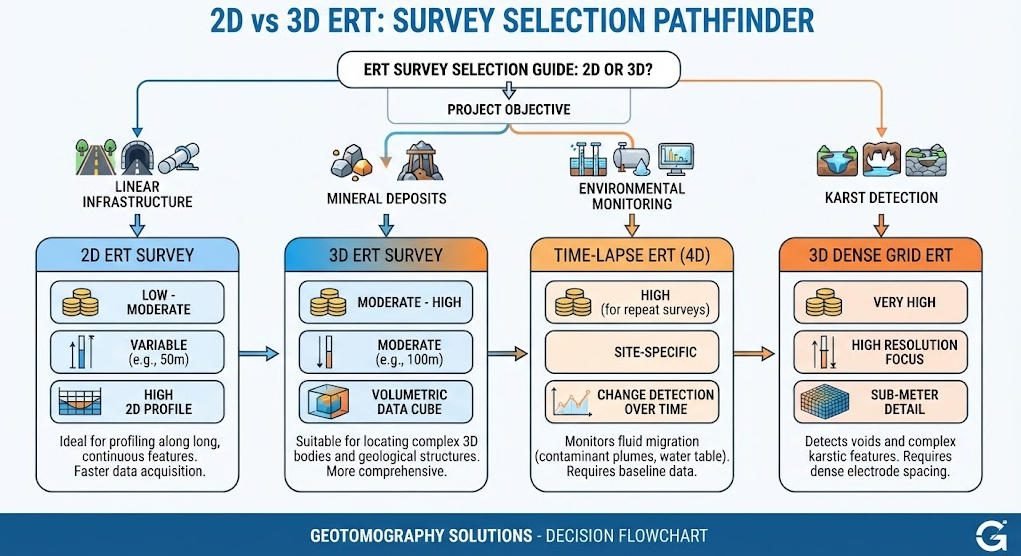 Decision flowchart for choosing between 2D and 3D ERT survey configurations