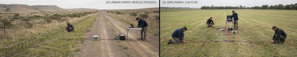Field photo comparison of 2D linear electrode profile versus 3D grid array for electrical resistivity tomography surveys
