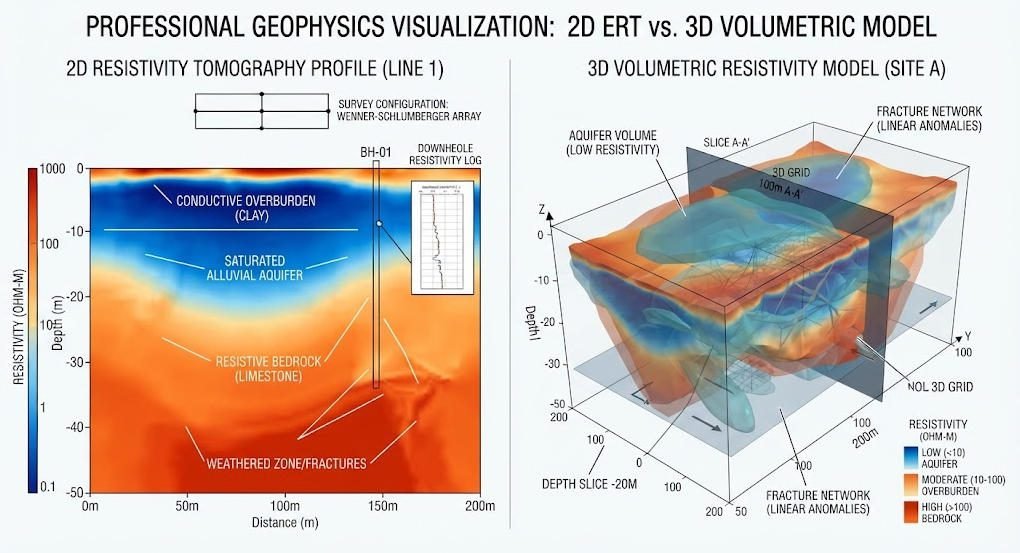2D vs 3D resistivity imaging comparison showing cross-section and volumetric ERT models