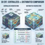 Wide technical banner comparing Centralized and Distributed 3D ERT systems, featuring 3D visualizations of cable layouts vs. smart node networks, and a performance comparison matrix.