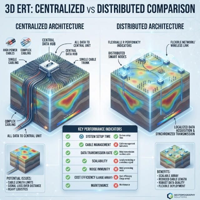 Wide technical banner comparing Centralized and Distributed 3D ERT systems, featuring 3D visualizations of cable layouts vs. smart node networks, and a performance comparison matrix.