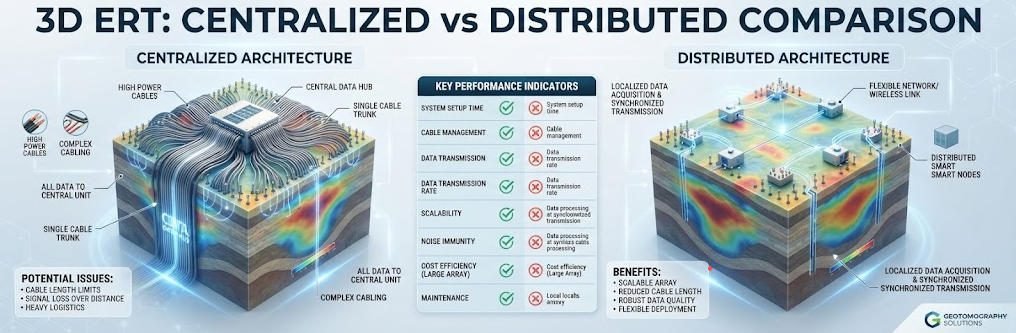 Square comparison infographic of 3D ERT Centralized vs. Distributed architectures, showing physical hardware differences, data flow, and a performance evaluation table with pros and cons.