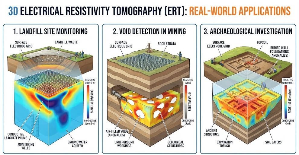 Three-panel infographic showing 3D ERT applications in landfill leakage mapping, mine void detection and archaeological site surveying