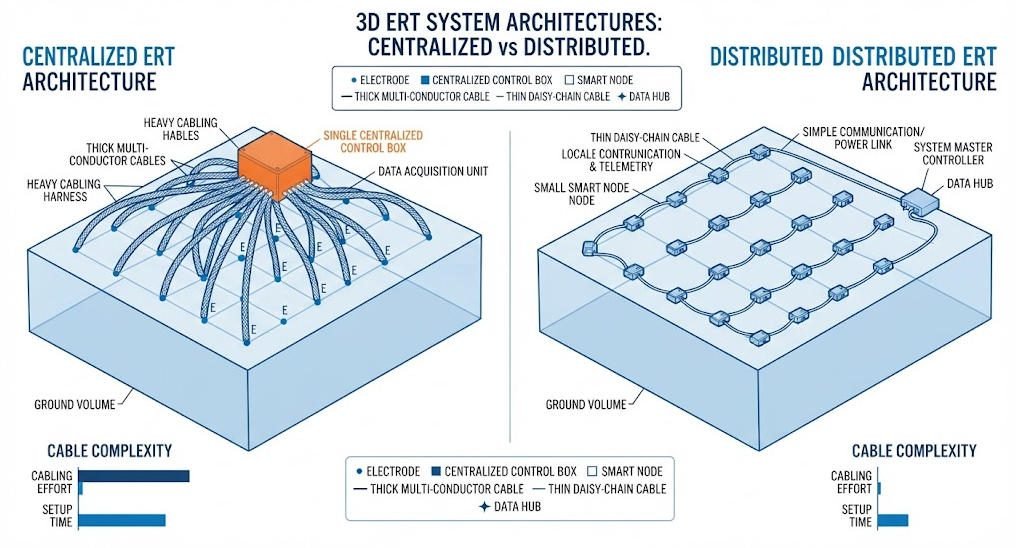 Technical diagram comparing centralized 3D ERT system with single control unit and distributed system with smart electrode nodes in daisy chain