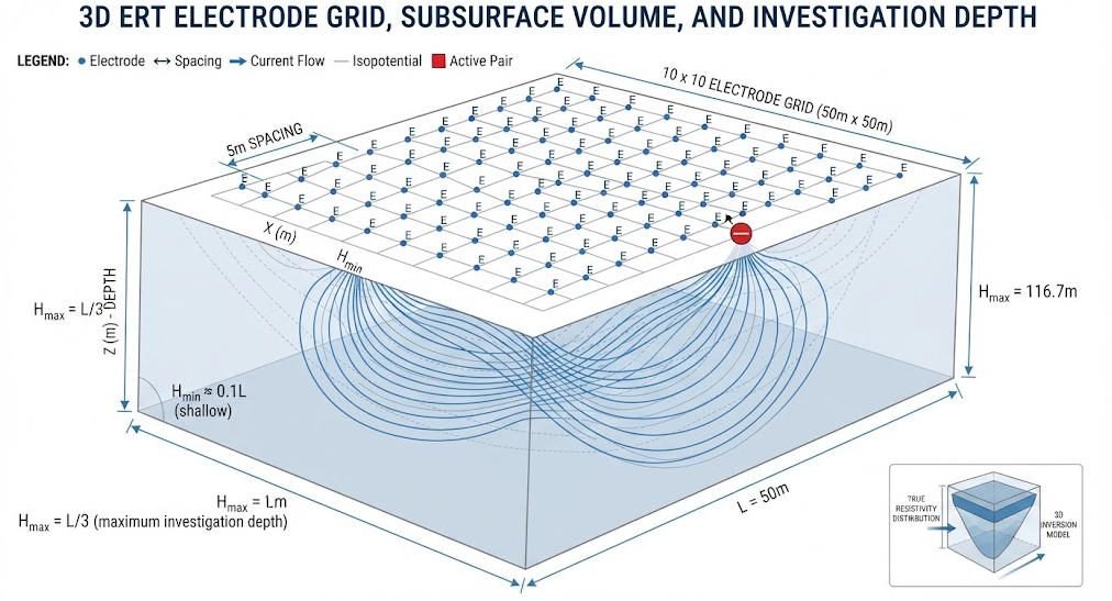 Technical diagram showing 3D ERT rectangular electrode grid layout with spacing dimensions and depth formula H_max equals L divided