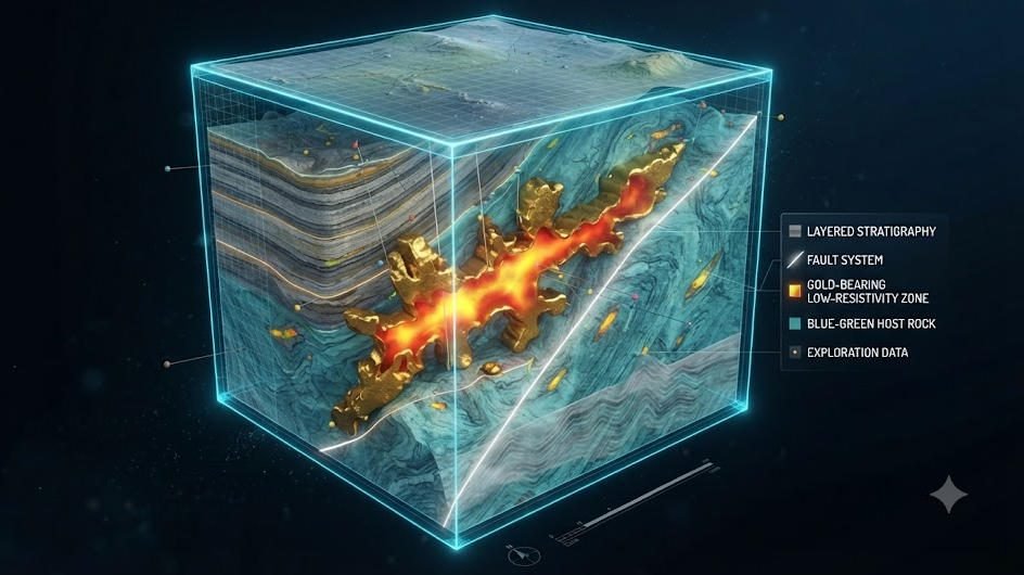 3D electrical resistivity tomography visualization showing low-resistivity gold ore body in subsurface geological model