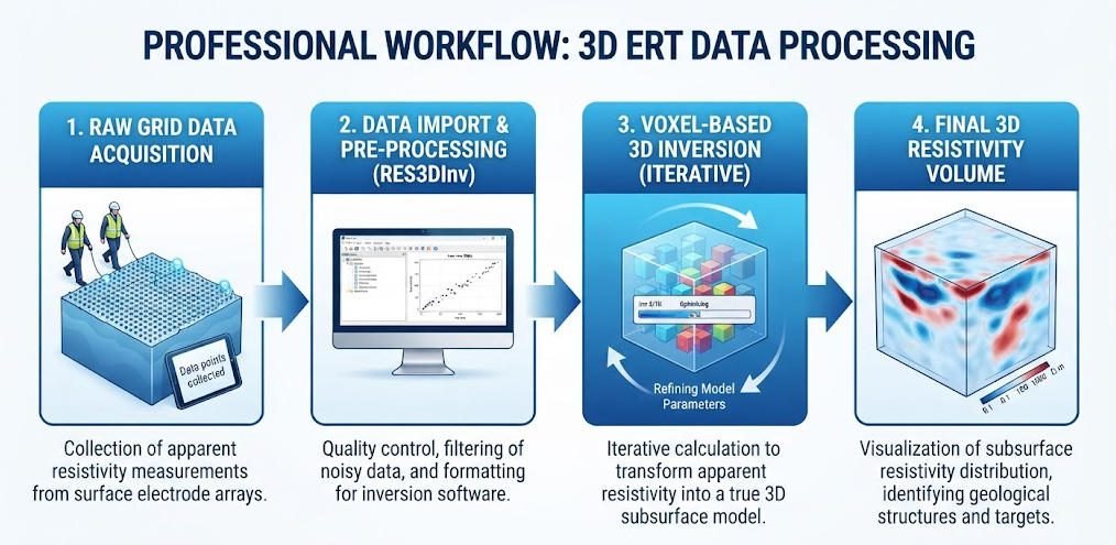 3D ERT data processing workflow showing raw data import into Res3DInv voxel-based inversion and output 3D resistivity volume