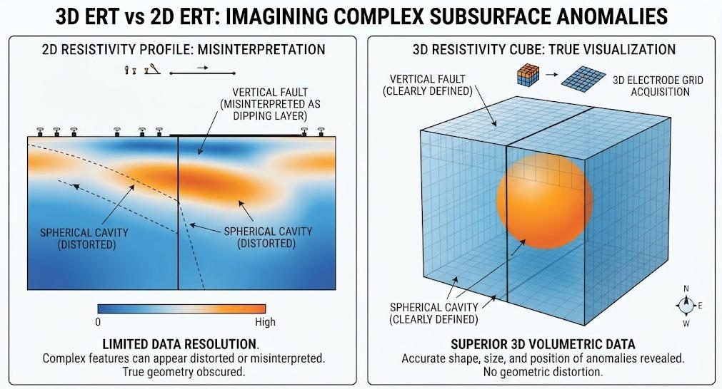 3D ERT volumetric model showing true spherical cavity geometry compared to distorted 2D resistivity profile interpretation