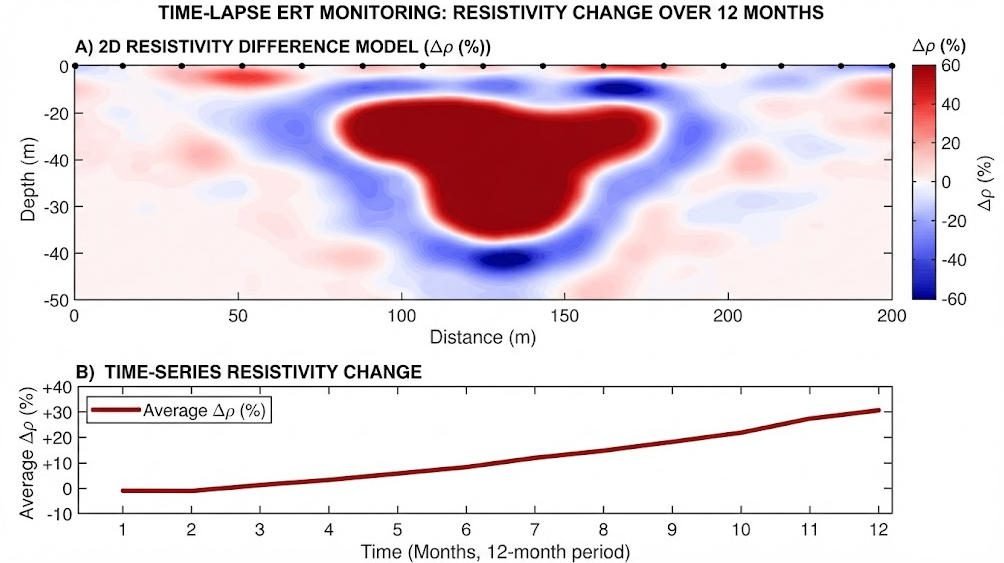 4D ERT difference inversion results showing temporal resistivity changes in a cross-section, with blue indicating decreased resistivity and red indicating increased resistivity over the monitoring period