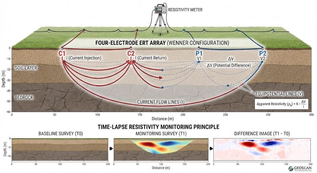 Diagram of a four-electrode ERT array showing current injection between C1 and C2 electrodes and voltage measurement between P1 and P2 electrodes, illustrating the basis of time-lapse resistivity monitoring