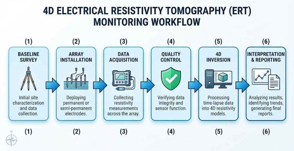 Workflow diagram of the complete 4D ERT monitoring process including baseline survey, array installation, data acquisition, quality control, inversion, and interpretation steps