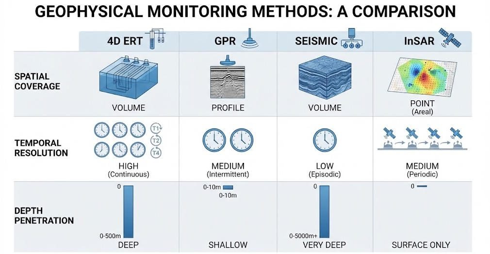 Comparison chart illustrating the spatial coverage, temporal resolution, and measurement depth differences between 4D ERT, GPR, seismic, and InSAR monitoring methods