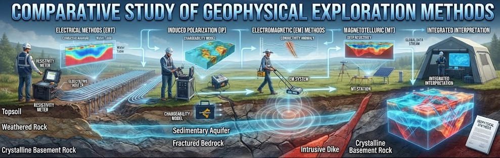 Geophysical exploration methods comparison chart: ERT, IP, EM, and MT field procedures and subsurface geological models.