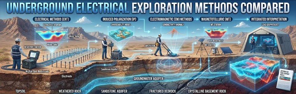 Comparison of geophysical underground electrical exploration methods showing ERT, IP, EM, and MT survey techniques with 3D geological data visualization.
