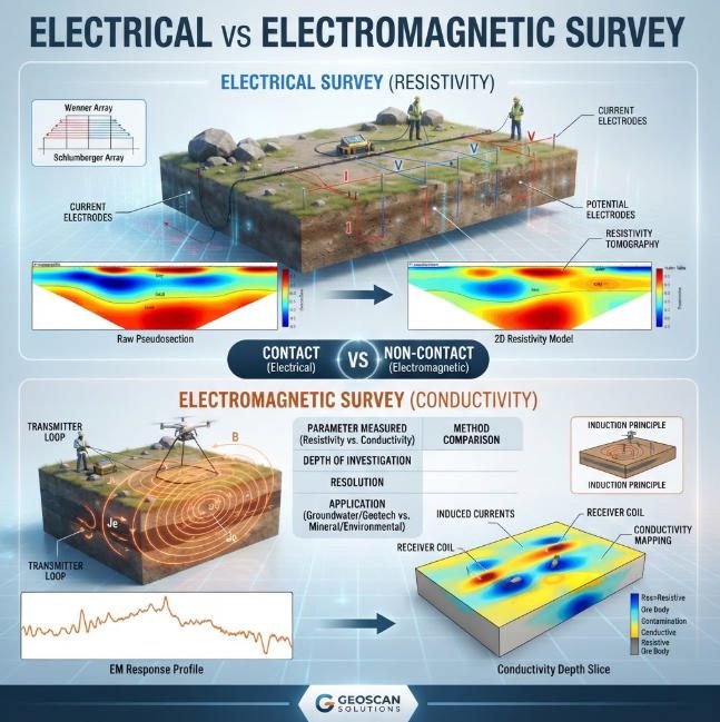 Geophysical method illustration showing a drone-towed EM system measuring subsurface conductivity, with response profile and 3D depth slice.