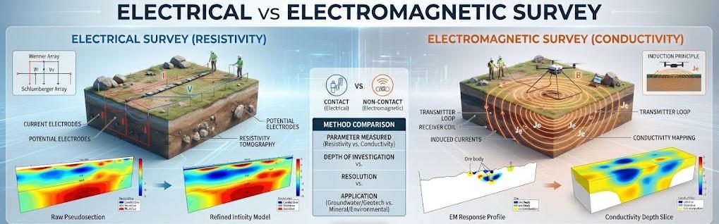Geophysical survey infographic comparing Electrical Resistivity (contact) and Electromagnetic Conductivity (non-contact) methods, showing field setup and data models.