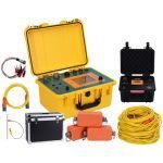 Yellow main host, external backup power supply, cascade expansion modules, survey cables and electrode accessories.
