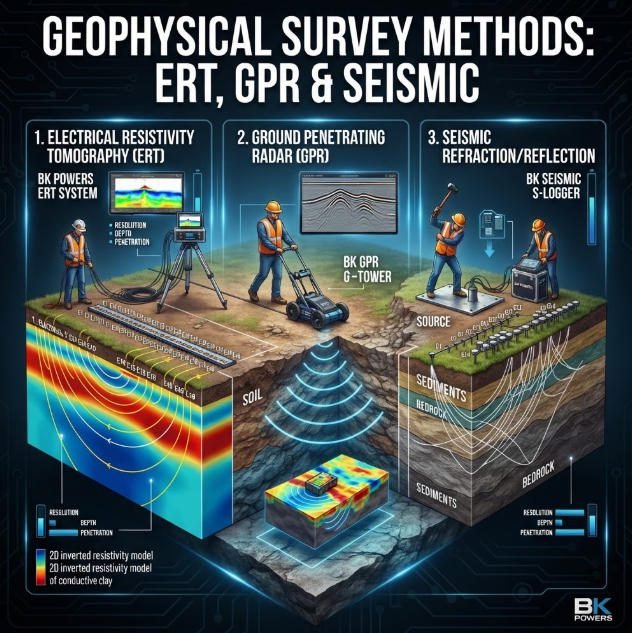 Comparative illustration of geophysical resistivity (contact) vs. conductivity (non-contact) survey equipment and data acquisition.