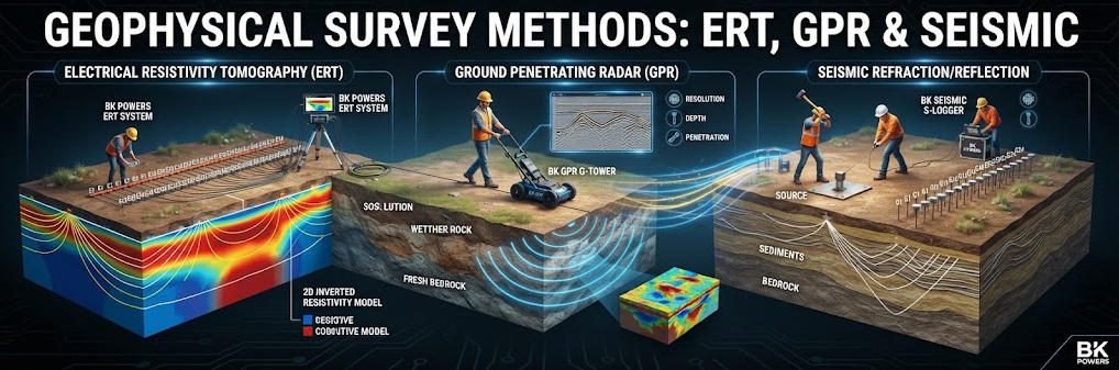Detailed geophysical survey infographic comparing Electrical Resistivity Tomography (ERT) vs. EM Conductivity subsurface imaging methods.