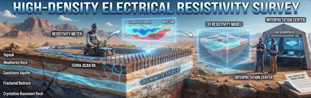 High-Density Electrical Resistivity Survey 3D banner showing field ERT equipment, subsurface geological layers, and data interpretation models.
