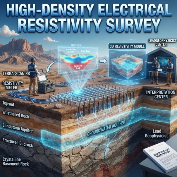 Panoramic 3D banner of a High-Density Electrical Resistivity Survey depicting equipment setup, subsurface strata, and 3D resistivity inversion models.