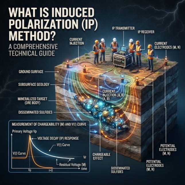 A 3D rendered widescreen banner with a 3:1 aspect ratio, featuring the title "WHAT IS INDUCED POLARIZATION (IP) METHOD? A COMPREHENSIVE TECHNICAL GUIDE" on the left. The right side illustrates a 3D geological survey cross-section with field crew members, IP transmitters and receivers, surface electrodes, current injection pathways, a mineralized ore body with disseminated sulfides, and a voltage decay response graph.