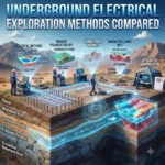 Panoramic geophysical exploration banner comparing electrical, induced polarization, electromagnetic, and magnetotelluric survey methods with a 3D subsurface aquifer model.