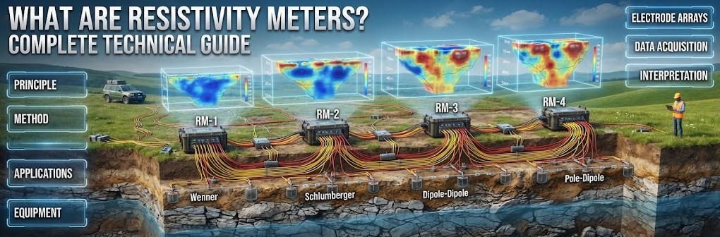 3D rendered square technical banner (1:1) titled 'WHAT ARE RESISTIVITY METERS? COMPLETE TECHNICAL GUIDE'. Shows multiple geophysical resistivity meters connected by cables to subsurface electrodes in a cutaway geological model, with a glowing 3D resistivity cross-section above.