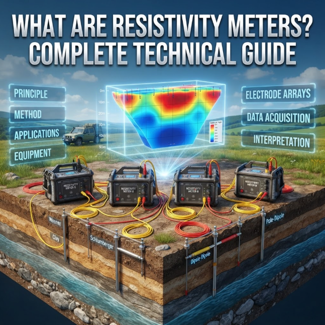 Panoramic 3D technical banner (3:1) titled 'WHAT ARE RESISTIVITY METERS? COMPLETE TECHNICAL GUIDE'. Features an extended field survey site with multiple resistivity meters, a wide cutaway of layered subsurface geology, and multiple glowing 3D resistivity data models and electrode array types.