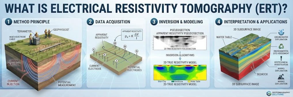 Four-step infographic explaining the Electrical Resistivity Tomography (ERT) workflow: from field survey and data acquisition to inversion modeling and 3D subsurface interpretation for groundwater and mining.