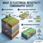Three-part square diagram of the ERT process: Method Principle, Data Acquisition & Processing, and Interpretation & Applications for geological and environmental surveys.