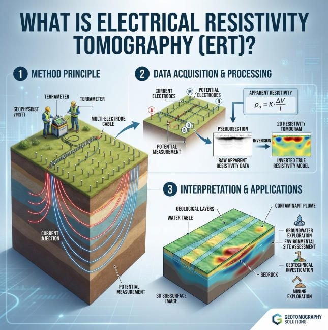 Three-part square diagram of the ERT process: Method Principle, Data Acquisition & Processing, and Interpretation & Applications for geological and environmental surveys.
