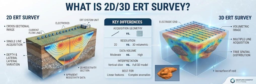 GEOTOMOGRAPHY SOLUTIONS infographic comparing 2D Electrical Resistivity Tomography (ERT) and 3D ERT, highlighting 2D cross-sections versus 3D volumetric imaging and data quality differences.