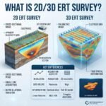 High-resolution technical banner comparing 2D and 3D Electrical Resistivity Tomography (ERT) data acquisition. Features 3D volumetric cube visualization, acquisition geometry details, and 'BEST FOR' application guide for geophysics.