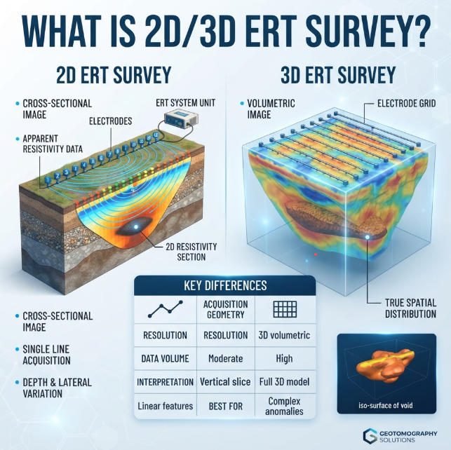 High-resolution technical banner comparing 2D and 3D Electrical Resistivity Tomography (ERT) data acquisition. Features 3D volumetric cube visualization, acquisition geometry details, and 'BEST FOR' application guide for geophysics.