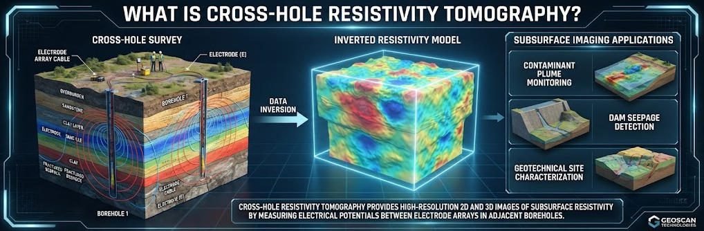 Cross-Hole Resistivity Tomography (CHERT) maps subsurface electrical properties between boreholes. This Cross-Hole ERT guide covers electrode arrays, field procedures, and engineering applications. Learn how Cross-Hole Resistivity Tomography delivers high-resolution imaging for geotechnical and environmental projects. Discover why Cross-Hole ERT outperforms surface methods at depth.