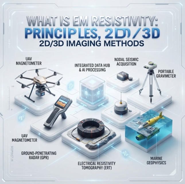 Illustrates the full geophysical exploration workflow, from data acquisition (UAV, ground EM, GPR, ERT, VTEM) via a central hub to final processed results
