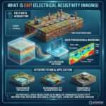 Detailed ERI workflow diagram showing multi-electrode data collection, inversion software, and 3D geological visualization.