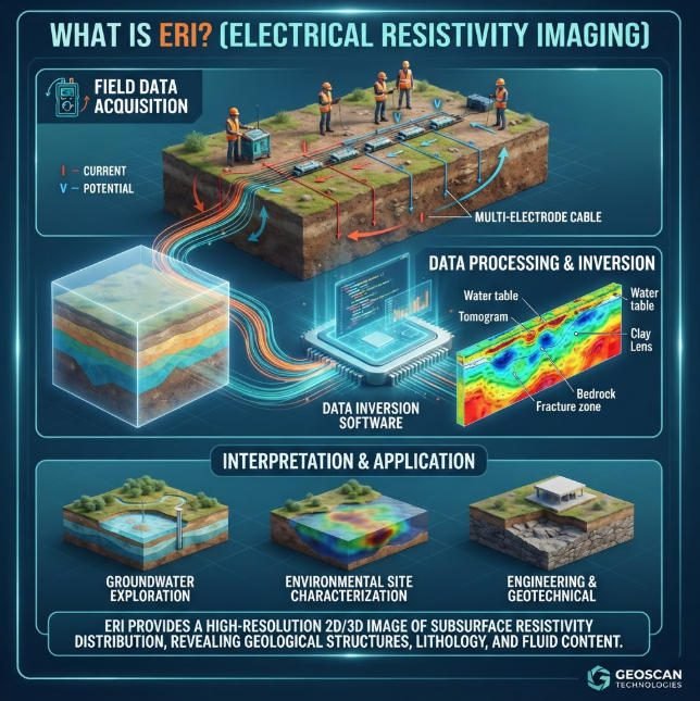 Detailed ERI workflow diagram showing multi-electrode data collection, inversion software, and 3D geological visualization.