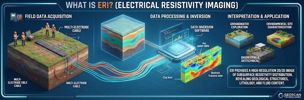 Geophysical infographic illustrating ERI method from field acquisition to 3D subsurface interpretation.
