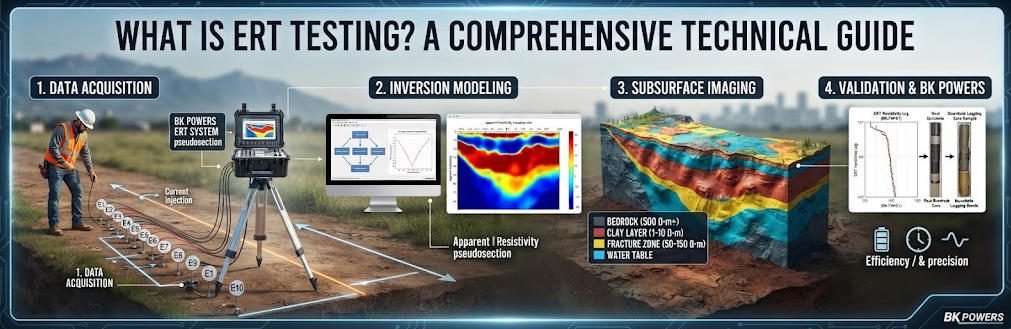 Detailed geophysical survey infographic comparing Electrical Resistivity Tomography (ERT) vs. EM Conductivity methods for subsurface imaging.